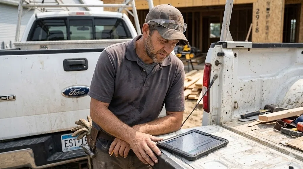 Contractor looking at tablet on truck