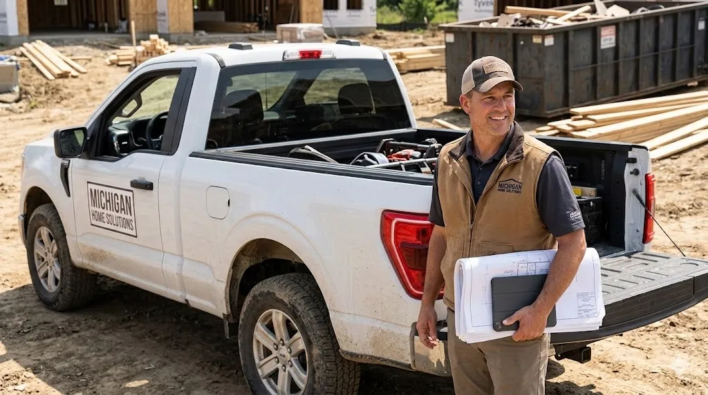 Contractor standing by truck with blueprints