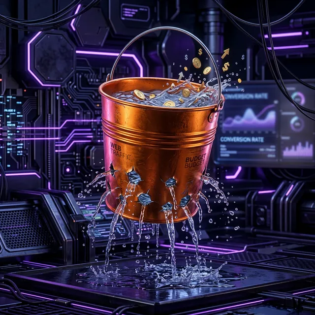 Leaky bucket analogy representing slow website conversion loss